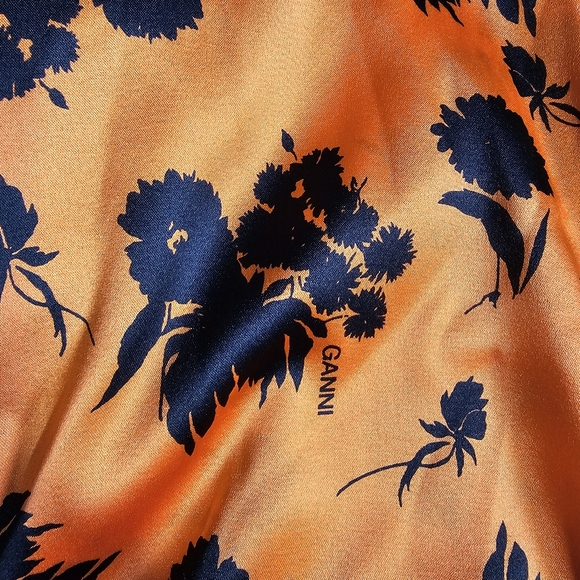 GANNI silk orange and black stretch floral print ruched size M - Picture 8 of 13